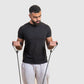 man exercising his biceps and arms with resistant tube and band.