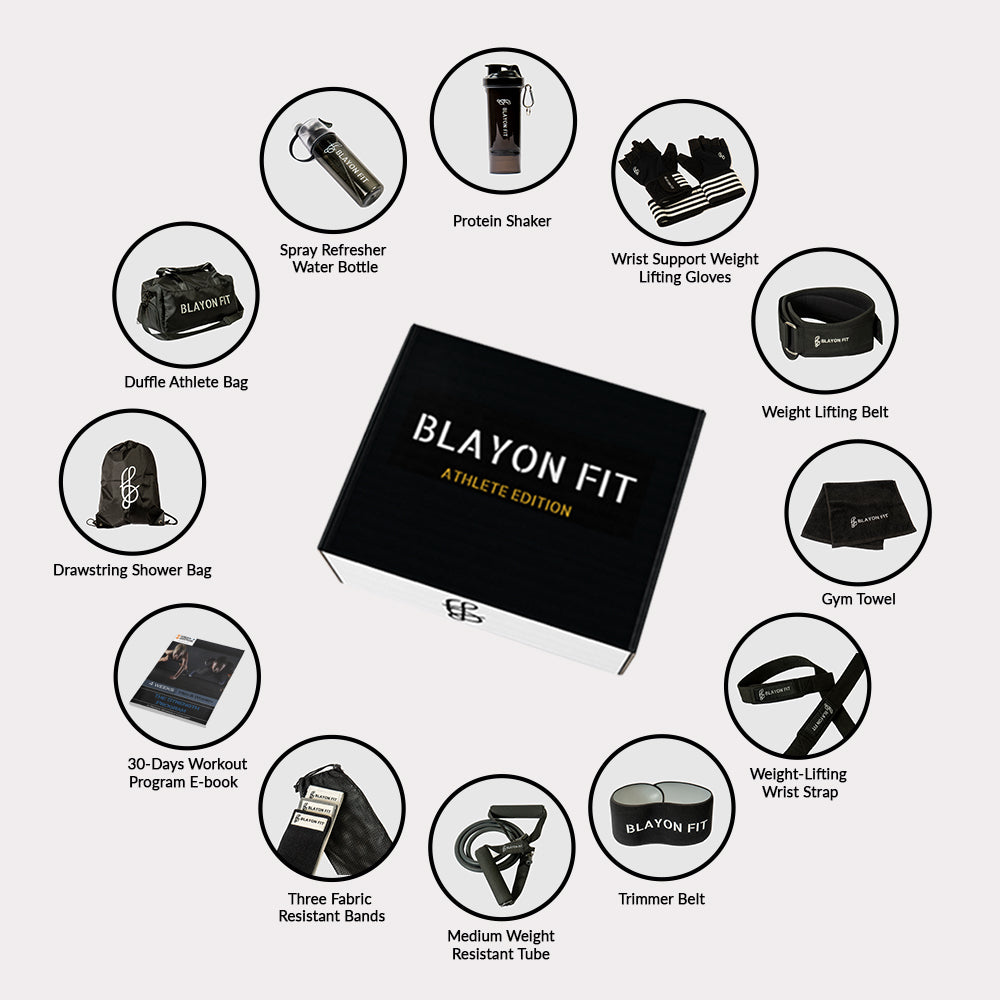 A complete gym kit set that has all the gym accessories and gym equipment you need. From gloves and protein shakers to bags, resistant bands, and lifting belts. Our kit is being used by men and woman athlete around the world. Blayon Fit is the first fitness brand worldwide to offer a premium quality gym set pack.