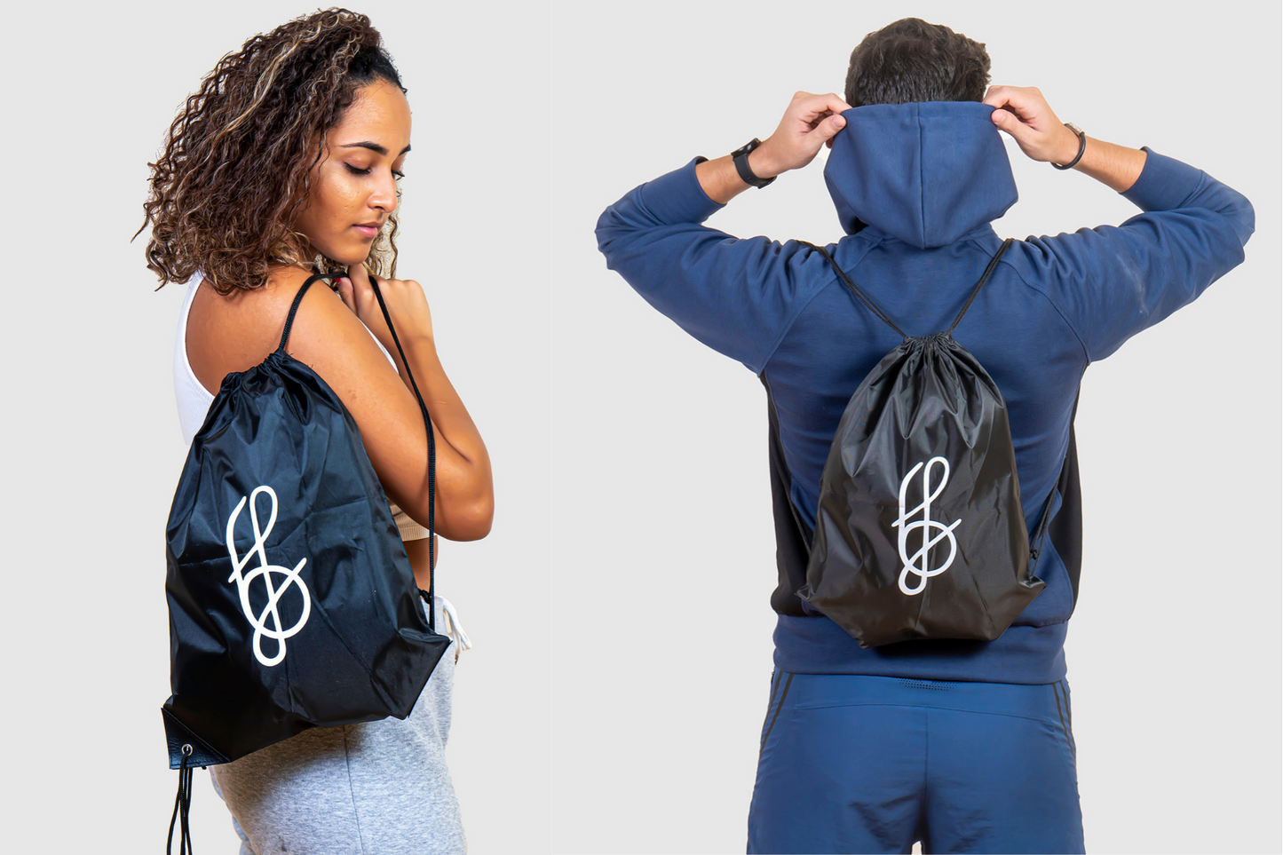 a girl and guy wearing and holding a shower drawstring gym bag